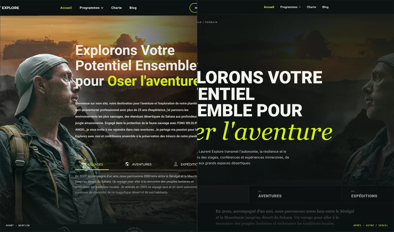 Comparaison entre l'ancienne version du site Laurent Explore et la nouvelle direction éditoriale Mokorim.