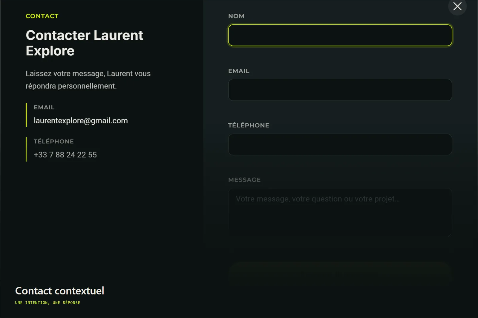 Fenêtre modale de prise de contact du site Laurent Explore, intégrée à la direction visuelle du site.