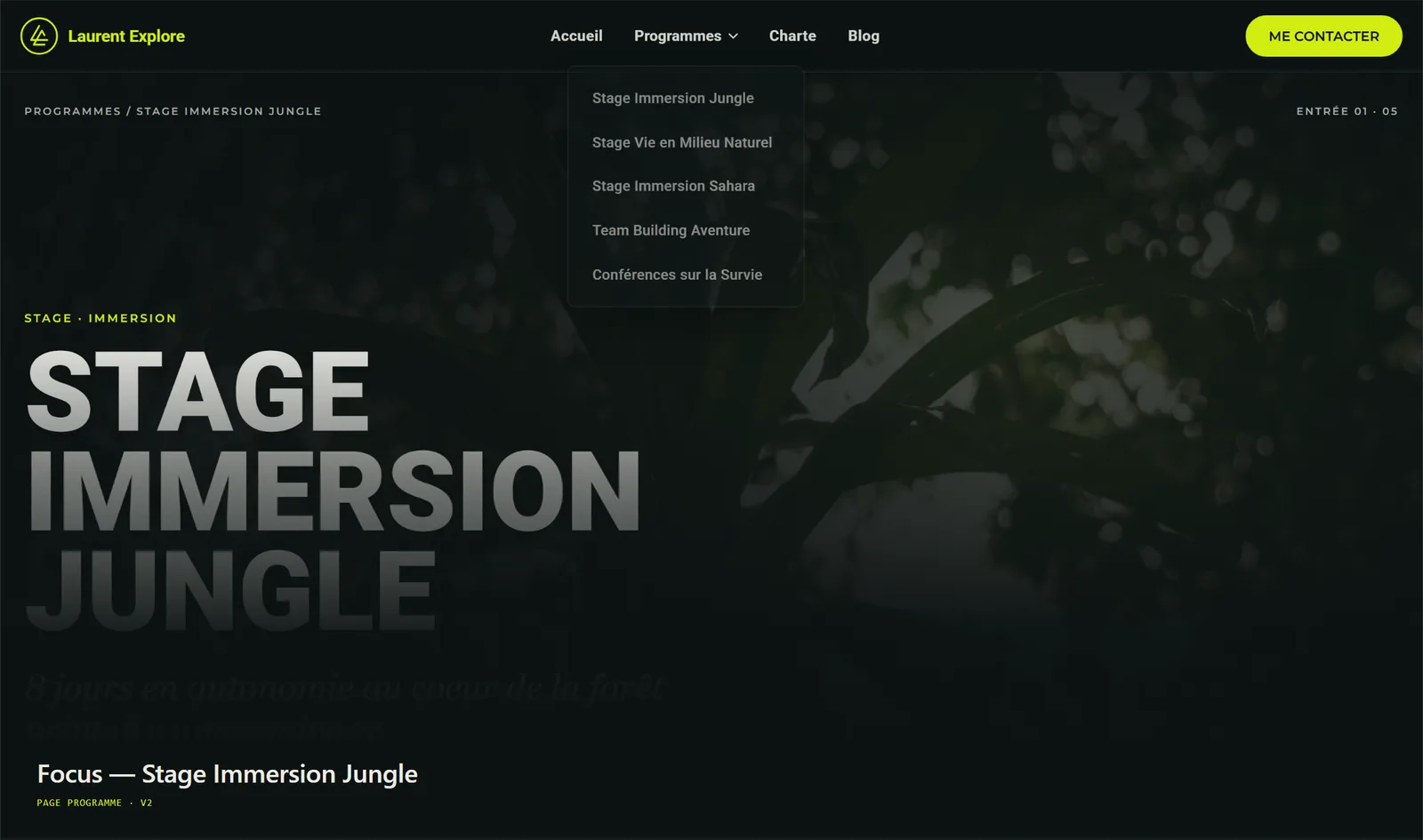 Page programme dédiée aux stages en jungle guyanaise, avec direction artistique immersive.