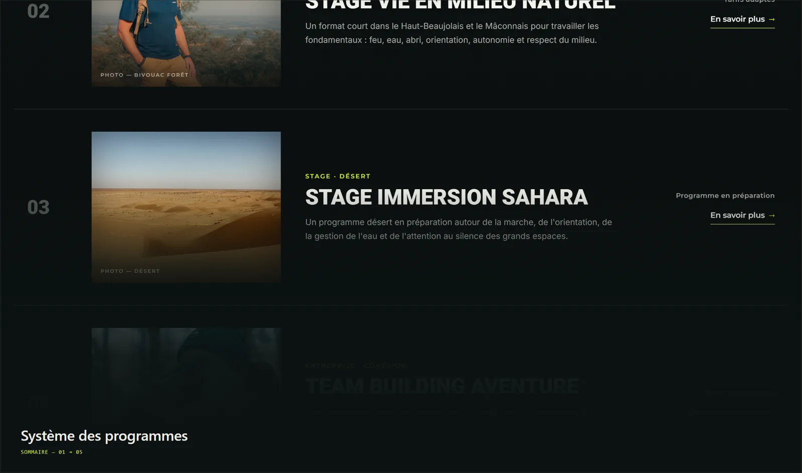 Système de pages programmes du site Laurent Explore, avec une structure éditoriale répétée pour chaque stage.